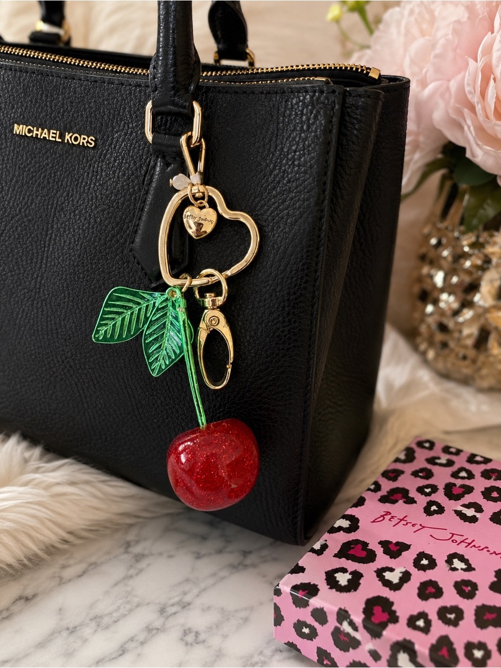 NWT Betsey Johnson Cherry Heart Bag Charm Keychain Gold Tone